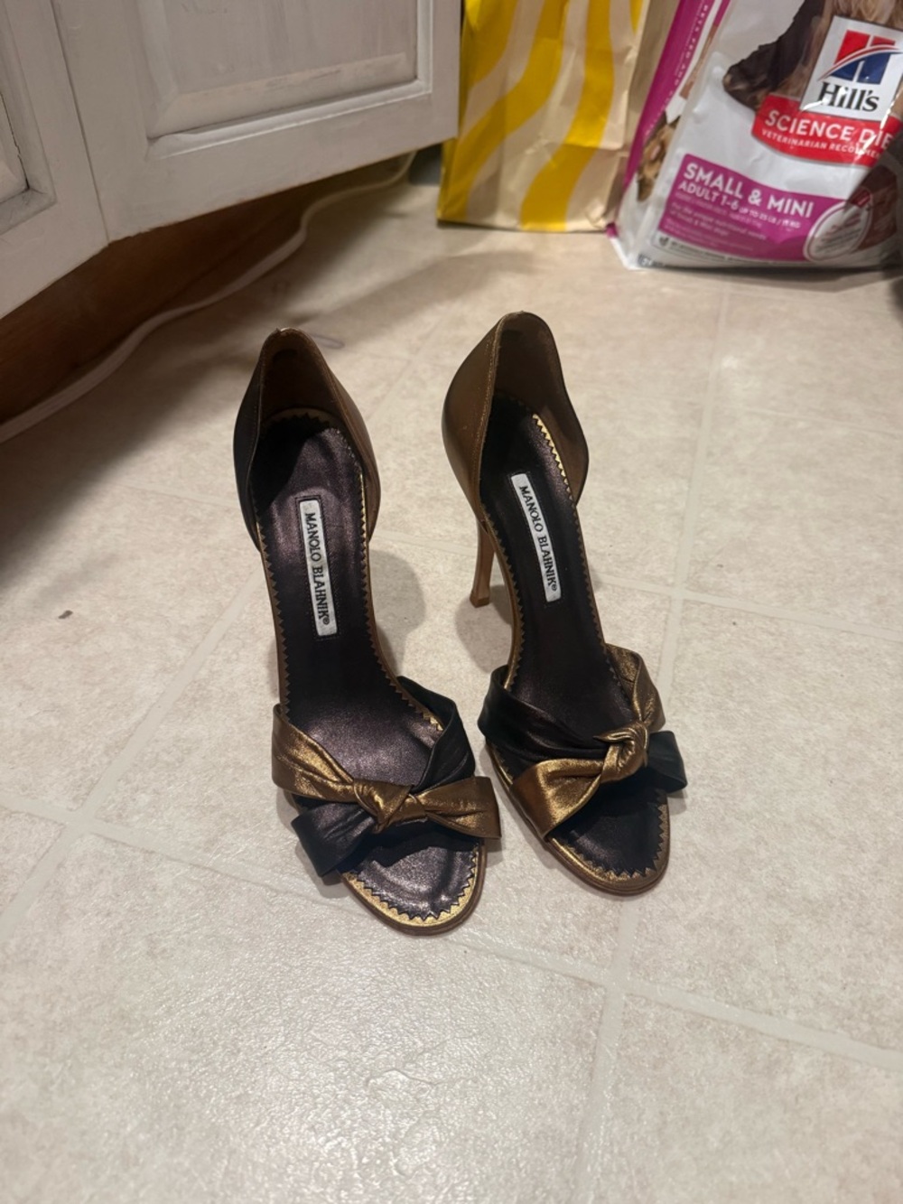 Manolo Blahnik Bronze and Black Bow D'Orsay Pumps